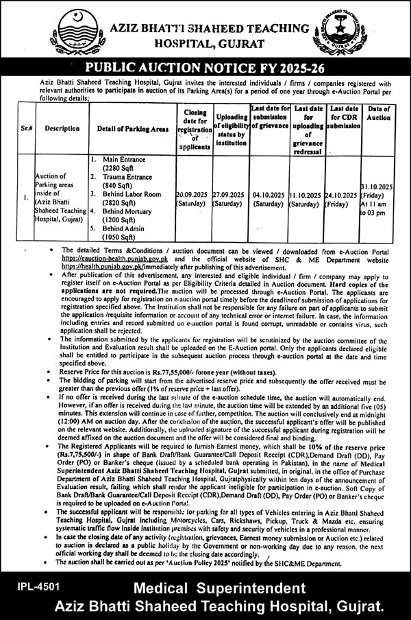Aziz Bhatti Shaheed Teaching Hospital Gujrat Tender Notice